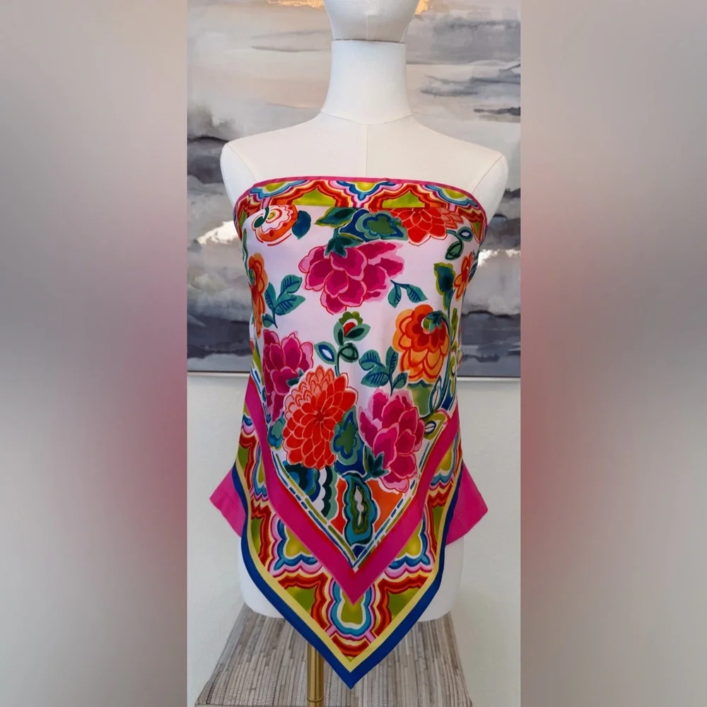 Caché Y2K Silk Scarf/Handkerchief Print Strapless Top Floral Bandana Hem - Picture 2 of 16